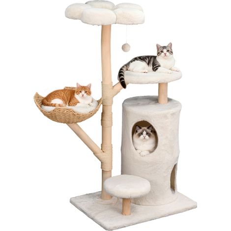 Bingopaw Arbre à Chat Blanc - Grande Tour de Jeux Hauteur 142 cm avec Griffoir en Sisal - 4 Plateformes avec 1 Niche - Mobilier ludique Animal domestique