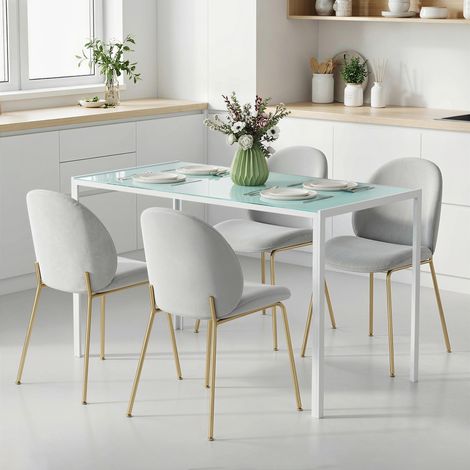 Table à manger pour 4 personnes, table de cuisine avec plateau en verre trempé et pieds en métal, 120x60x75cm, blanc