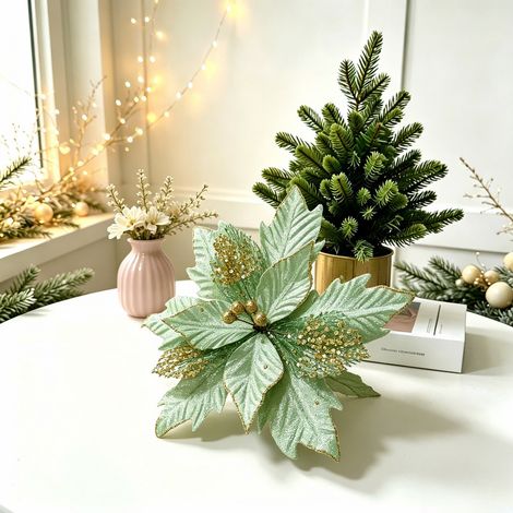 Weihnachtsdekorationen, Weihnachtsstern, Goldpuder, Perlen-Weihnachtsbaumzweige, bunte Stoffblumenköpfe, DIY-Dekorationen
