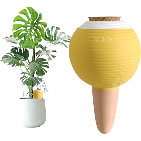 Dispensador d'eau Plante en Argile 450 ML, Jaune  Oya arrosage terre cuite avec bouchon, boules irrigation cône d'arrosage grande, pour vacances, balcon, bureau (1/5)