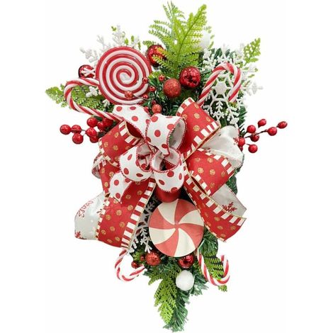 Tropfenförmige Weihnachtskränze, 50 cm große Weihnachtstür, umgedrehte Weihnachtssüßigkeiten, hängender Baum als Türdekoration, Wandschmuck, winterliche Dekoration für drinnen und draußen (1/4)