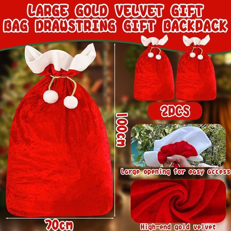 Sacco di Babbo Natale, 4 pezzi XXL, 100 x 70 cm, borsa in velluto rosso e bianco con coulisse dorata, borsa regalo per costumi e decorazioni - borsa riempibile (1/4)