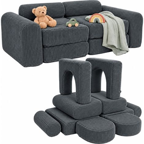 Relaxdays Kinder-Spielsofa, modular, 10-tlg., weiche Bausteine, Kindercouch, Cord, HBT: 32x108x50 cm, Spielcouch, grau (1/5)