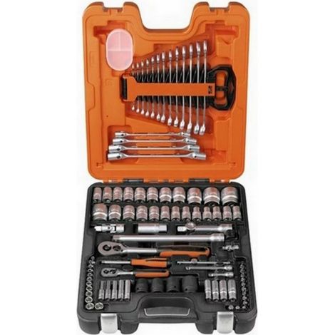 Bahco – Coffret 94 pièces douilles et clés mixtes – 12 douilles 1/4'' et 15 douilles 1/2'' – 2 cliquets à dégagement rapide – Acier allié haute performance