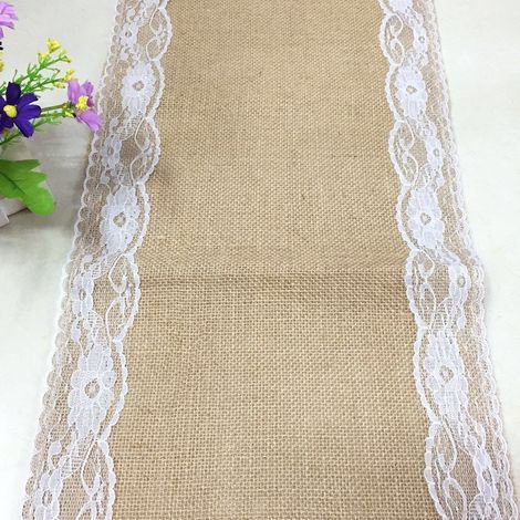 Chemin de table en toile de jute avec dentelle – Idéal pour les mariages et les fêtes de fin d'année – 30,5 x 274,3 cm (1/5)