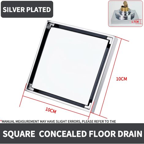 (Silver Plated)10x10cm Solid Brass Square Floor Drain Concealed Shower Waste High Flow Anti Odor Hair Strainer Bathroom Tile Insert Drain Cover (1/4)
