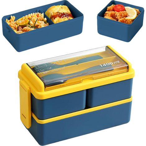 Fiambrera Bento de 1400 ml con compartimentos y cubiertos - Plástico - Apta para microondas - Antifugas - Azul (1/4)