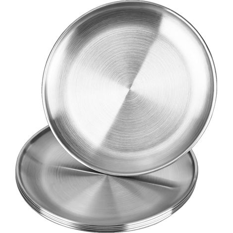 Lot de 5 Assiettes Rondes Acier Inoxydable Diamètre 20cm Bord Concave Pour Barbecue Pique-nique