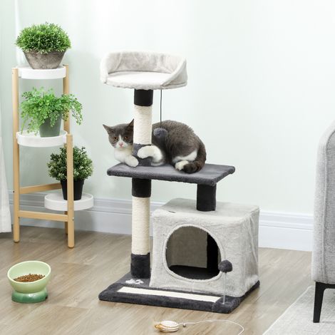 Albero tiragraffi per gatti da 85 cm con piattaforme, grotta, pali per graffiare, tappetino in sisal e palline, colore grigio chiaro e nero.