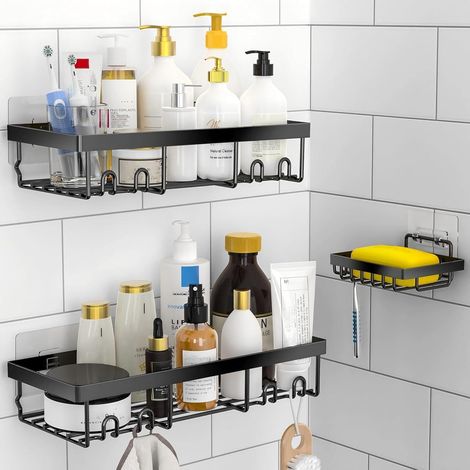 3-teiliges Duschregal-Set mit Seifenschale, selbstklebende Wandmontage ohne Bohren und ohne Spuren, rostfreier, schwarzer Duschablage-Organizer (1/5)