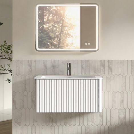 Conjunto de muebles de baño con espejo, mueble de lavabo de 80 cm con armario bajo, premontado, armario a rayas con un cajón, blanco, espejo LED sin marco de 60 × 80 cm. (1/5)