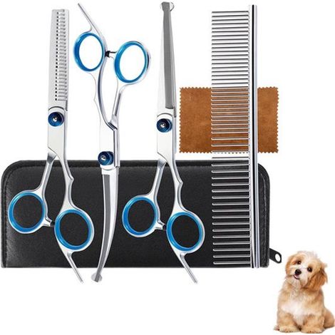 Tijeras para perros，Juego de 4，Tijeras para animales，Tijeras para animales，Juego de tijeras para perros，Tijeras de aseo para perros，Azul (1/5)