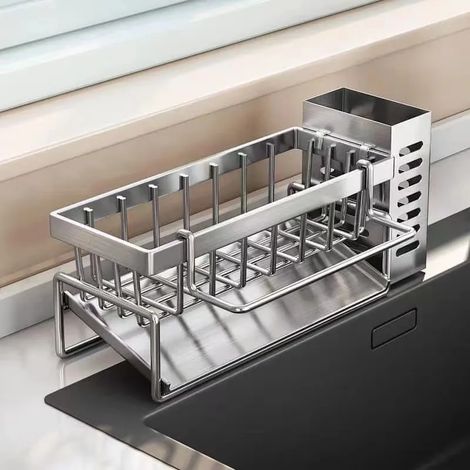 Égouttoir multifonctionnel en acier inoxydable pour éponges, détergents et autres produits de nettoyage d'évier. Porte-serviettes. (1/5)