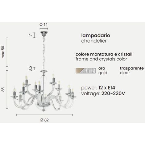 Lampada a sospensione RAVEL 12 luci in vetro lavorato a mano D82 cm ORO