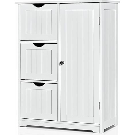 GOPLUS Rangement Salle de Bain 3 Tiroirs &1 Armoire, Placard Porte Magnétique, Anti-Basculement, étagère Réglable, 60x30x82cm,Blanc (1/5)