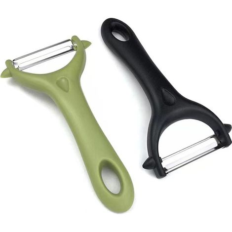 BEBUSINGOTO Juego de 2 peladores universales de acero inoxidable para verduras, pelador de patatas manual con mango ergonómico y cuchillo de cocina con hoja afilada para verduras y frutas (negro y ver (1/5)