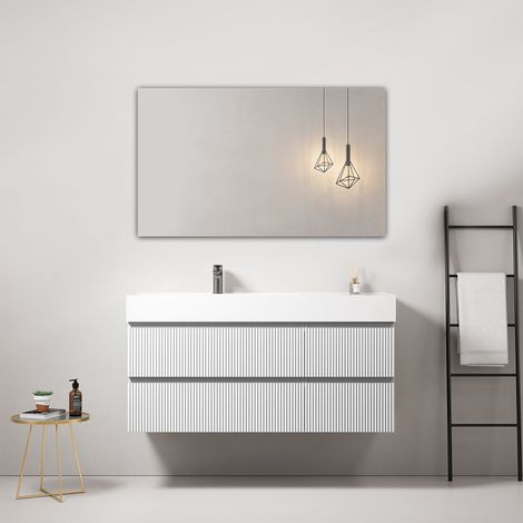 Mobile bagno sospeso cannettato 120 cm Bianco Lavabo a Sinistra in Resina Specchio Quadro - Fiji Paint (1/4)