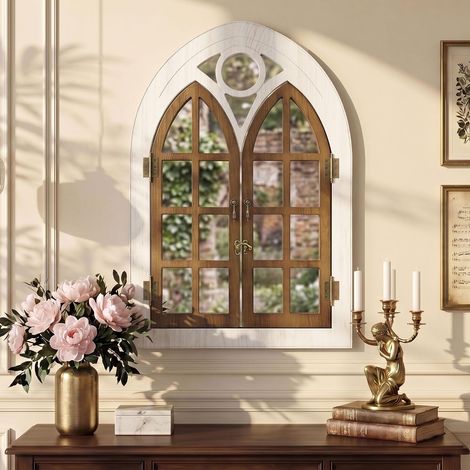 Miroir Mural Style Fenêtre Arche avec Cadre en Bois Ouvrant, Design Fenêtre pour Salon, Chambre (1/5)