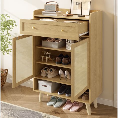 Meuble à chaussures 2 portes, 80x35x105 cm, avec étagères réglables et tiroir, en panneaux de particules, chêne clair (1/5)