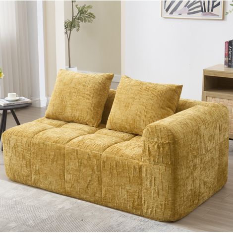 Divano 2 posti in ciniglia gialla 158 x 90 x 60 cm con chaise longue, tasche laterali e cuscino (1/5)