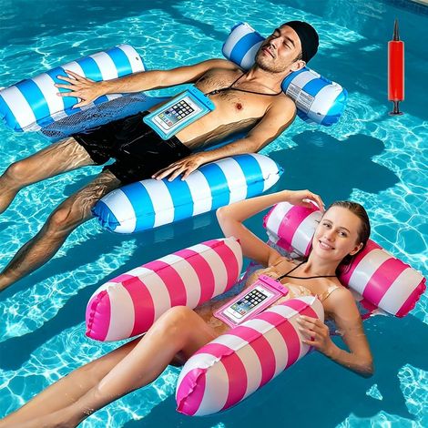 Lot de 2 matelas gonflables 4 en 1 avec coque de protection étanche et pompe à air, flotteur de piscine avec dossier et accoudoirs, pour piscine, plage, vacances (1/5)