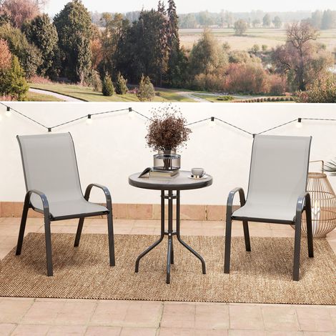 Outsunny Ensemble Salon de Jardin Extérieur 3 Pièces - 2 Fauteuils Empilables + Table Basse Verre Trempé, Gris Clair