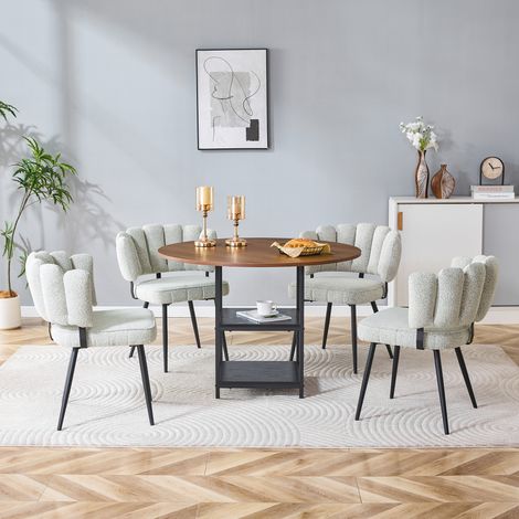 Ensemble table et chaise : Table ronde noyer 107 cm + 4 chaises gris crème dossier fleuri tissu bouclé.(MI) (1/5)