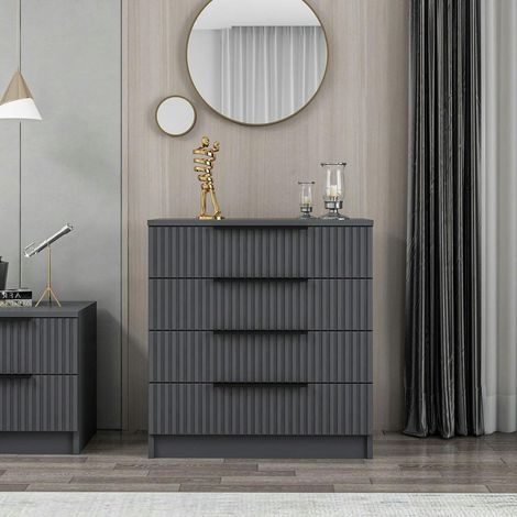 Commode chambre 4 tiroirs, façade grise rainurée BYRON (1/5)