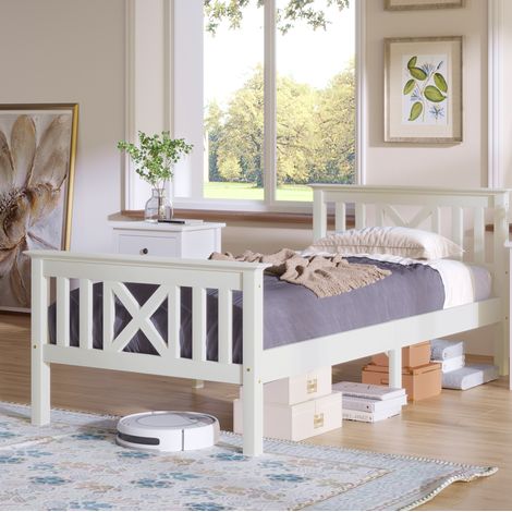 Letto singolo in legno massello bianco 90x200 cm con testiera a X e rete a doghe inclusa (1/4)