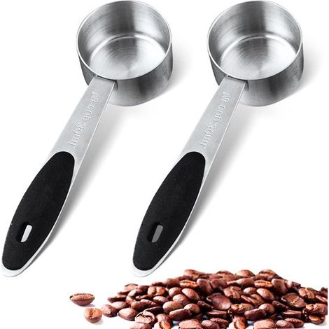 2 teiliges Set aus 1/8 Tassen Messlöffeln aus Edelstahl, kleine 30 ml Kaffeelöffel mit schwarzen Silikongriffen, großes Fassungsvermögen, liegt g (1/5)
