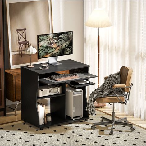 Escritorio informático con ruedas, bandeja para teclado y estantes, negro 80 x 48 x 75 cm DESVIAE (1/5)