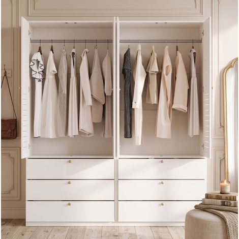 Armario de 4 puertas blanco con frentes de lamas, 6 cajones y 2 barras para colgar, 180 x 50 x 200 cm, para dormitorio o habitación infantil – CHICFURN (1/5)