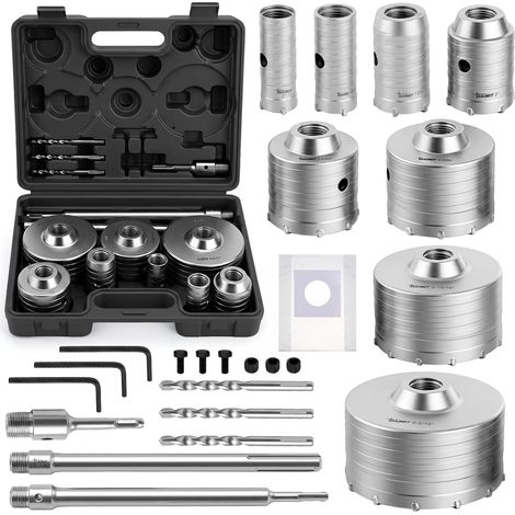 DAIMIT Kit de Trépan à Béton 32 Pièces avec 3 Mèches et Mandrin SDS Plus & Max, Ensemble de Trépans pour Perçage de Murs en Ciment, Briques et Pierre, Tailles du Kit 25 30 40 50 68 82 100 110 mm (1/5)