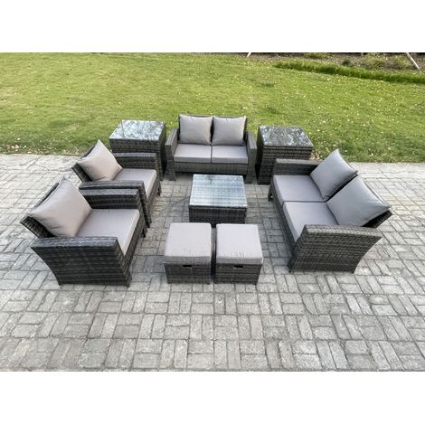 Fimous Outdoor Garden Furniture Sets 9 Pieces Wicker Rattan Furniture Manual Wicker Patio Sofa Patio Conversation Set with 2 Small Footstools 2 Side Tables Dark Grey Mixed (1/5)