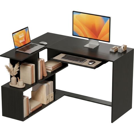 Bureau d'angle - HOMCOM - plateau de clavier - bibliothèque 4 compartiments - bois - 120 x 100 x 76 cm - noir (1/5)