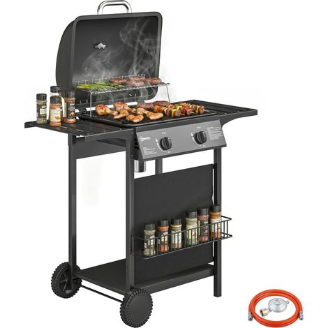 Outsunny barbacoa de gas bbq gas con 2 quemadores 5 kw, termómetro, mesas laterales, estante, rejilla calentadora, bandeja de grasa y 2 ruedas, negro