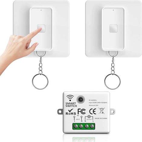 RF433 Drahtloser Lichtschalter, batteriebetrieben, keine elektrische Verkabelung oder Wandschalter erforderlich, magnetisch (1 x 10A Empfänger und 2 x Bedienfelder) (1/5)