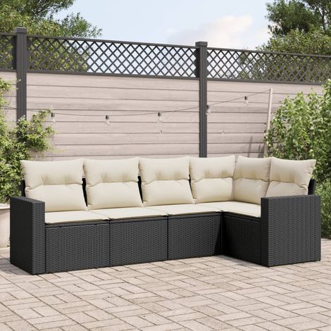 Ensemble Salon Jardin 5 Places Noir Résine Tressée avec Coussins Crème - Canapé d'Angle Modulaire 65x62x69 cm (1/4)