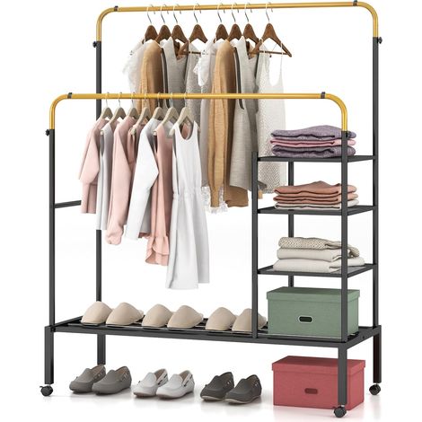 COSTWAY Perchero Burro de 2 Barras, Burro Ropa con Ruedas Bloqueables, Altura Ajustable, Estantes de Almacenamiento, Perchero Portátil de Acero para Interiores y Exteriores (Negro+Dorado) (1/5)