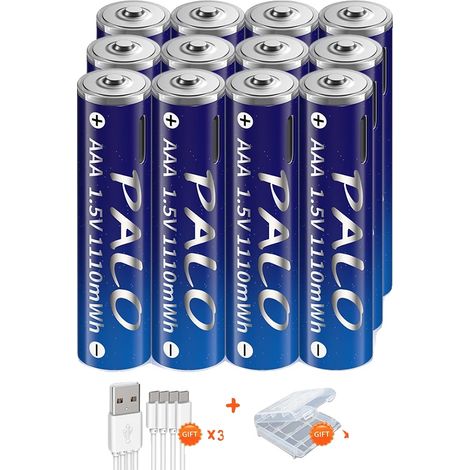 Pilas recargables, carga USB, alta capacidad, 12 pilas AAA (1/2)