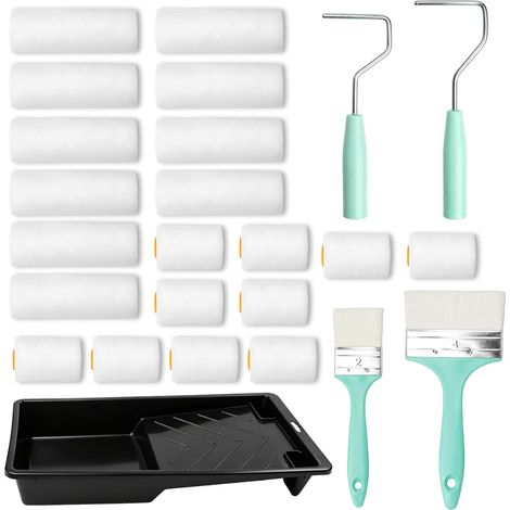 Lot de 25 rouleaux de peinture, 20 rouleaux en mousse (10 cm/5 cm), 2 poignées de rouleau de peinture, 2 pinceaux pour murs, 1 bac de peinture, porte-rouleau de peinture, kit de peinture pour peindre (1/5)