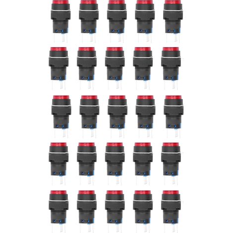 Ensemble de 25 interrupteurs à bouton-poussoir, autobloquants et autoréinitialisables, 5 broches, 16 mm, avec voyant lumineux, 24 V, rouge pour une utilisation sur l'équipement. (1/5)