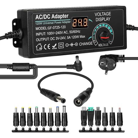 Chargeur Universel 12V Réglable Alimentation Universelle 120W Chargeur Universel PC Portable CC 3V-24V avec Port USB avec 14 Ports d'alimentation Prise Européenne CA 100-240V. (1/5)