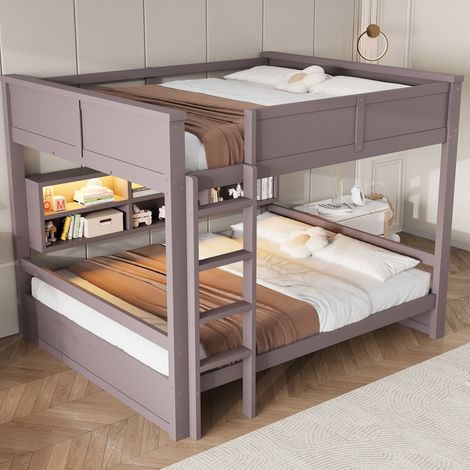 Letto a castello moderno in pino massello e MDF marrone 160x200 cm con testiera LED, 6 vani contenitore e rete a doghe