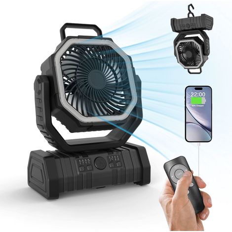 Ventilateur de Camping avec lanterne LED 4 vitesses Ventilateur de camping silencieux 20000 mAh Rotation à 360 ° Ventilateur USB