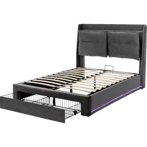 Cama tapizada LED 140 x 190 con almacenaje, terciopelo gris, HOMVRA (1/5)