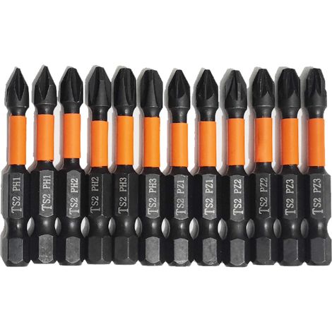 Tournevis Magnétique - Embouts Pour Perceuse - Set 12 Pièces PH1 PH2 PH3 PZ1 PZ2 PZ3 - Tige Hexagonale 6,35 mm - Acier Allié S2 - Longueur 50 mm (1/5)