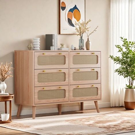 Salonbuffet - TANANT - Vintage - 6 Rattan-Schubladen - Spanplatte - 100x34x73cm