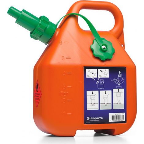 Bidón naranja Husqvarna para combustible. Tiene una capacidad de 6 litros
