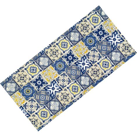 Tappeto Cucina Runner Antiscivolo - Passatoia Lavabile, Fantasia Maiolica Blu e Giallo, Design Moderno - Made in Italy Cm. 50x260